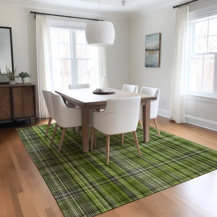 8' X 10' Green Plaid Washable Non Skid Indoor Outdoor Area Rug