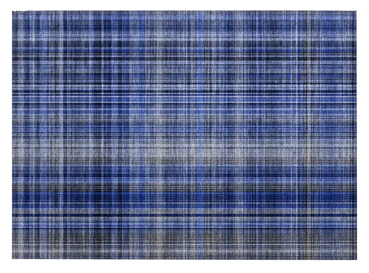 2' X 3' Navy Blue Plaid Washable Non Skid Indoor Outdoor Area Rug