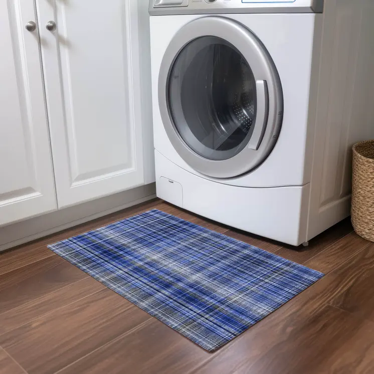 2' X 3' Navy Blue Plaid Washable Non Skid Indoor Outdoor Area Rug