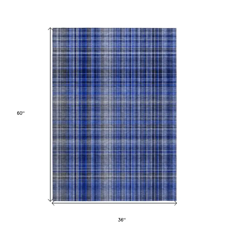 3' X 5' Navy Blue Plaid Washable Non Skid Indoor Outdoor Area Rug