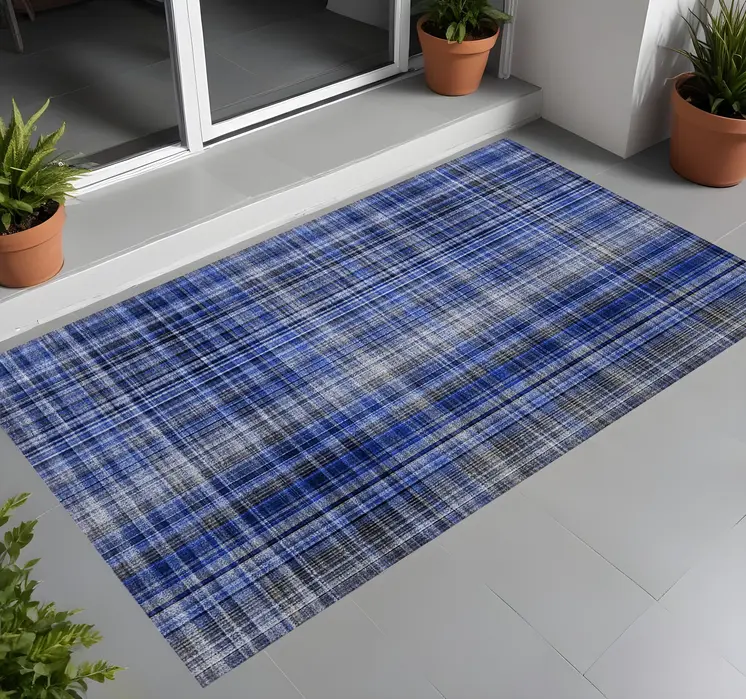 3' X 5' Navy Blue Plaid Washable Non Skid Indoor Outdoor Area Rug