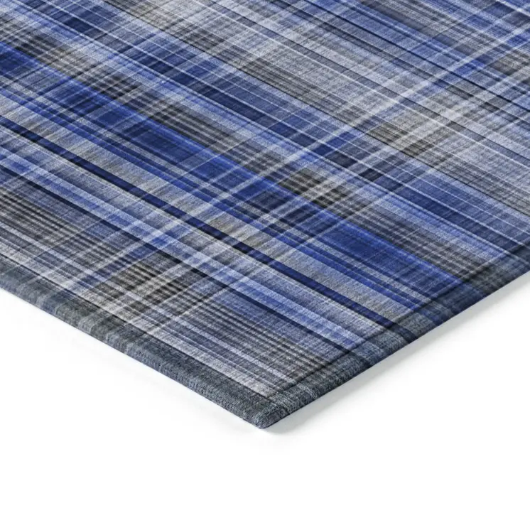 3' X 5' Navy Blue Plaid Washable Non Skid Indoor Outdoor Area Rug