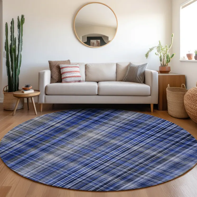 8' Round Navy Blue Round Plaid Washable Non Skid Indoor Outdoor Area Rug