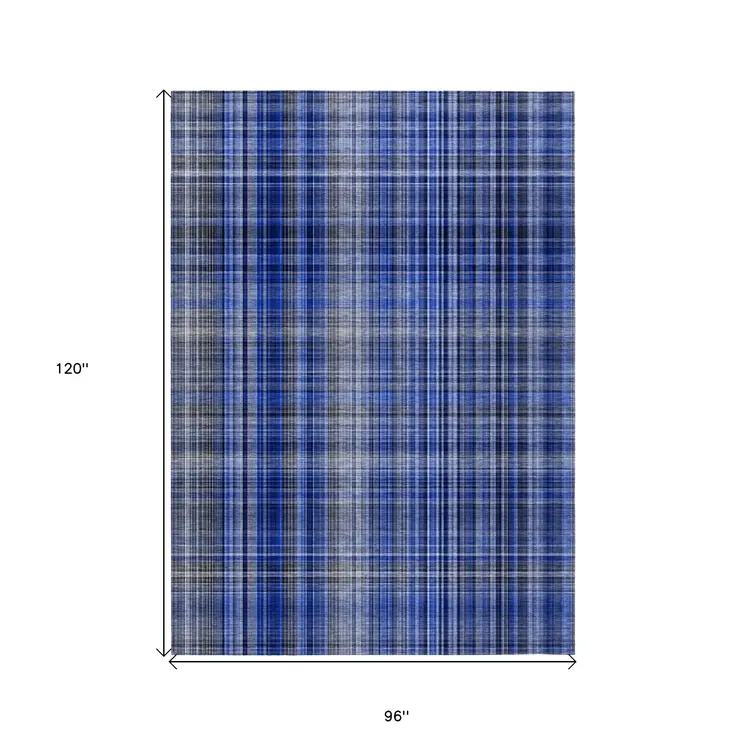 8' X 10' Navy Blue Plaid Washable Non Skid Indoor Outdoor Area Rug