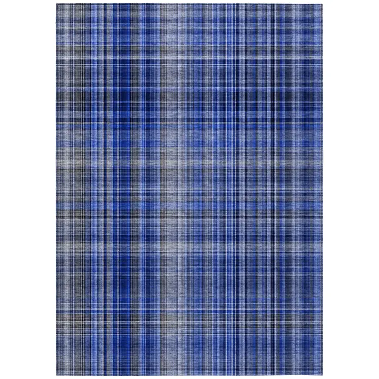 9' X 12' Navy Blue Plaid Washable Non Skid Indoor Outdoor Area Rug