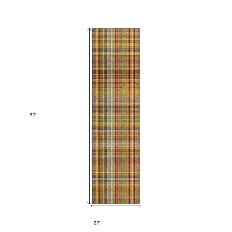 8' Runner Orange Plaid Washable Non Skid Indoor Outdoor Runner Rug