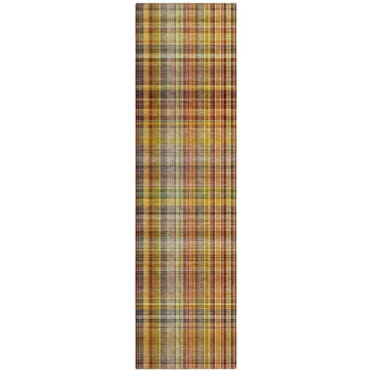 8' Runner Orange Plaid Washable Non Skid Indoor Outdoor Runner Rug