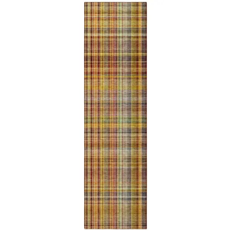 8' Runner Orange Plaid Washable Non Skid Indoor Outdoor Runner Rug