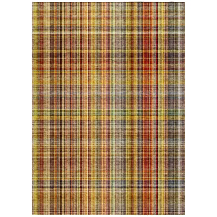 5' X 8' Orange Plaid Washable Non Skid Indoor Outdoor Area Rug