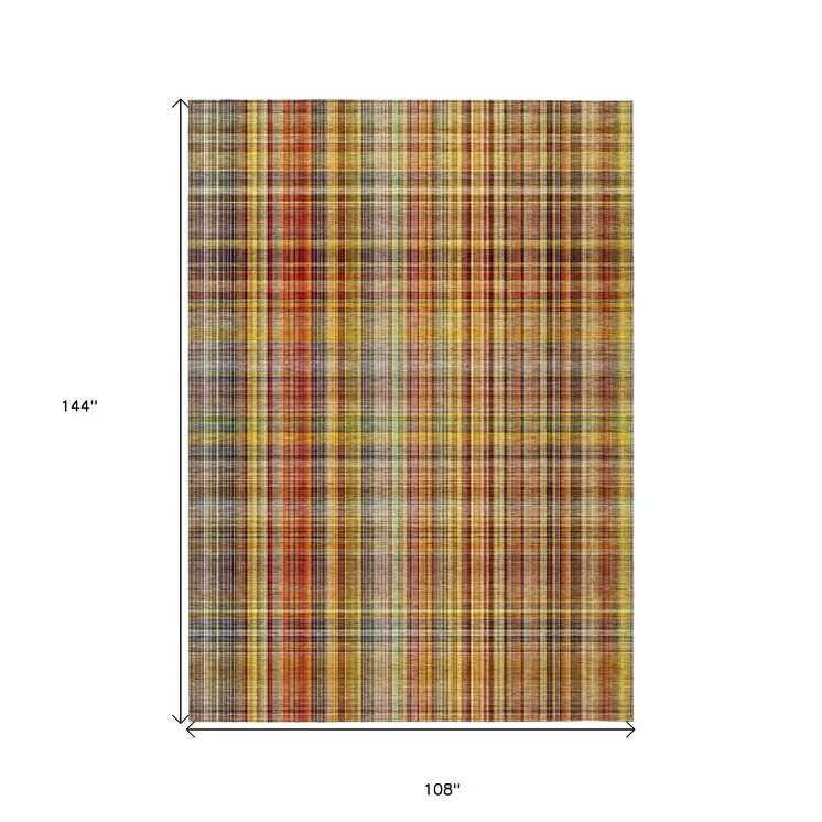9' X 12' Yellow Orange and Brown Plaid Washable Non Skid Indoor Outdoor Area Rug
