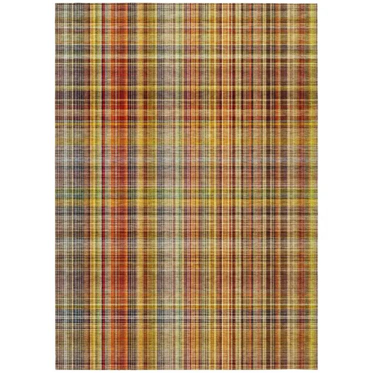 9' X 12' Yellow Orange and Brown Plaid Washable Non Skid Indoor Outdoor Area Rug