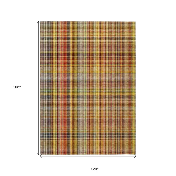 10' X 14' Yellow Orange and Brown Plaid Washable Non Skid Indoor Outdoor Area Rug