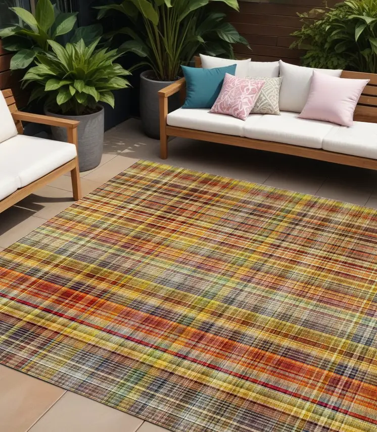 10' X 14' Yellow Orange and Brown Plaid Washable Non Skid Indoor Outdoor Area Rug