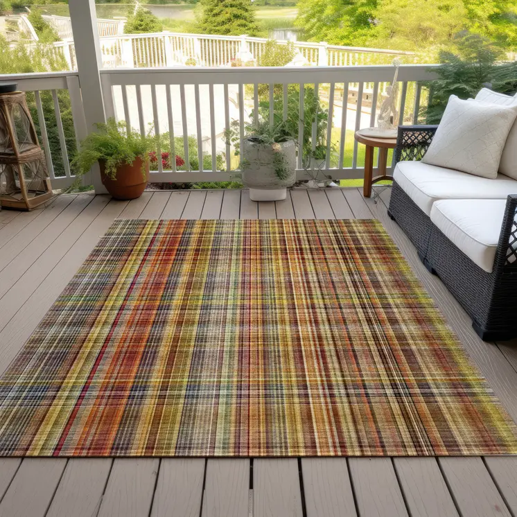 10' X 14' Yellow Orange and Brown Plaid Washable Non Skid Indoor Outdoor Area Rug