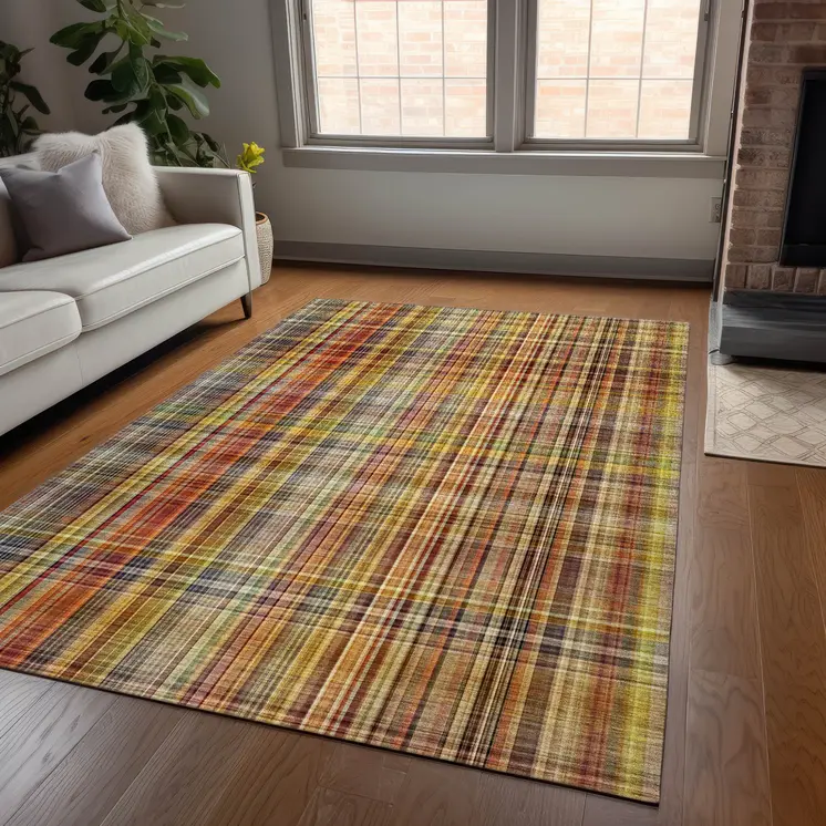 10' X 14' Yellow Orange and Brown Plaid Washable Non Skid Indoor Outdoor Area Rug