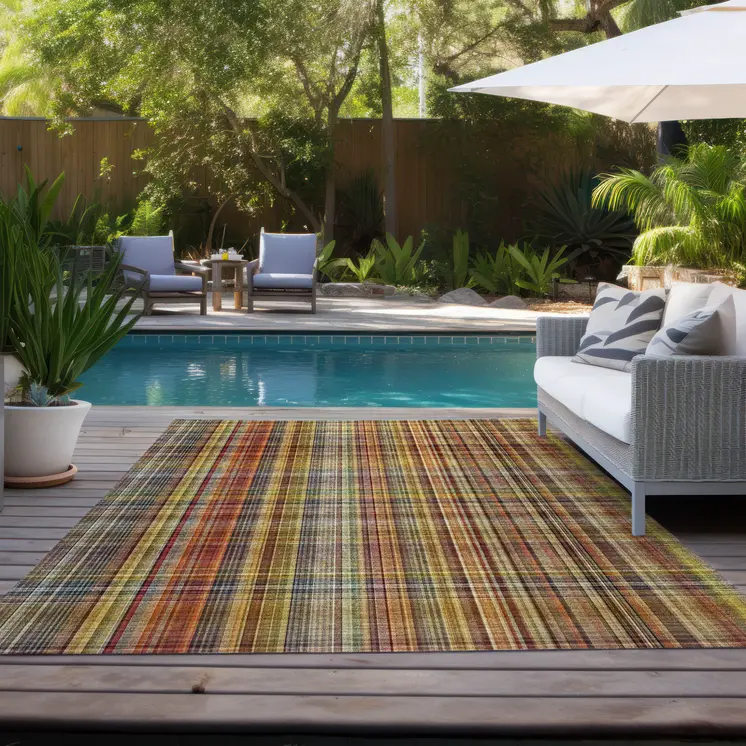 10' X 14' Yellow Orange and Brown Plaid Washable Non Skid Indoor Outdoor Area Rug