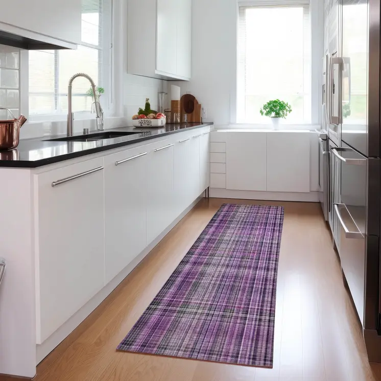 8' Runner Purple Plaid Washable Non Skid Indoor Outdoor Runner Rug