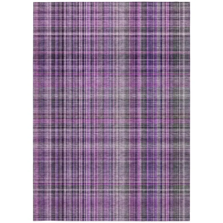 3' X 5' Purple and Gray Plaid Washable Non Skid Indoor Outdoor Area Rug