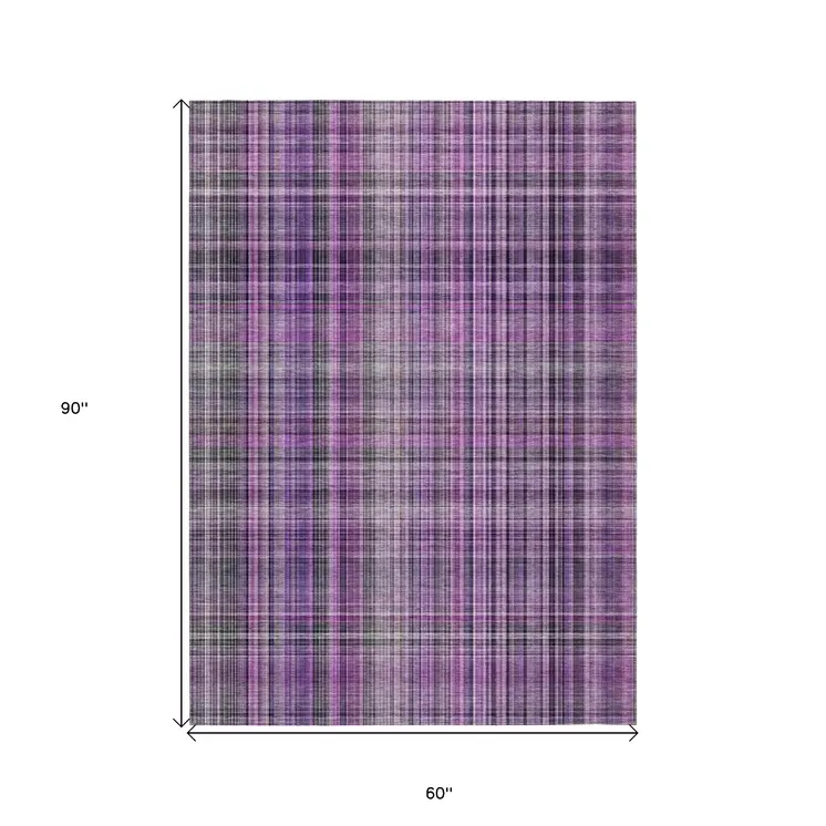 5' X 8' Purple and Gray Plaid Washable Non Skid Indoor Outdoor Area Rug