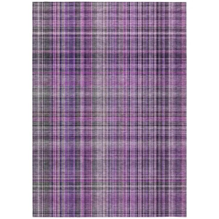 5' X 8' Purple and Gray Plaid Washable Non Skid Indoor Outdoor Area Rug