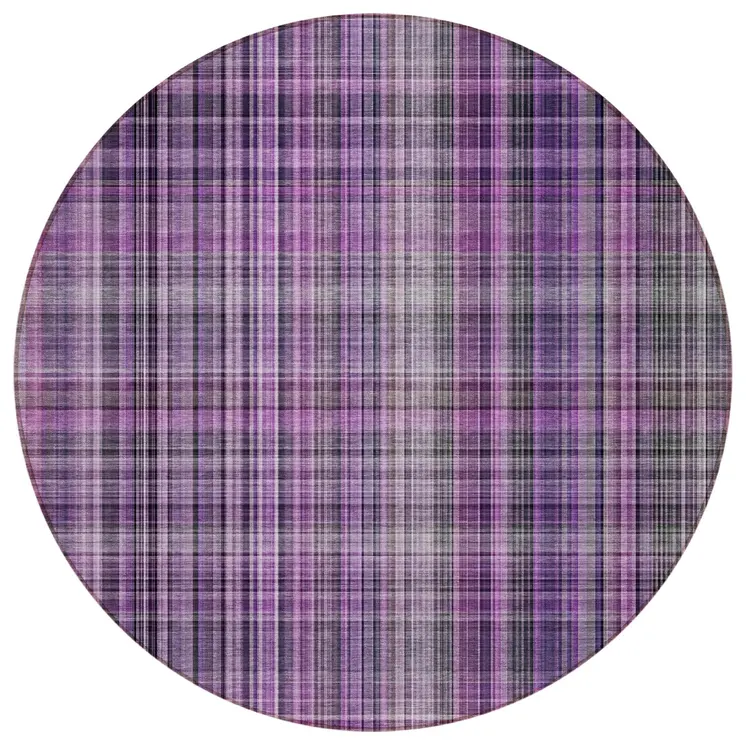 8' Round Purple Round Plaid Washable Non Skid Indoor Outdoor Area Rug