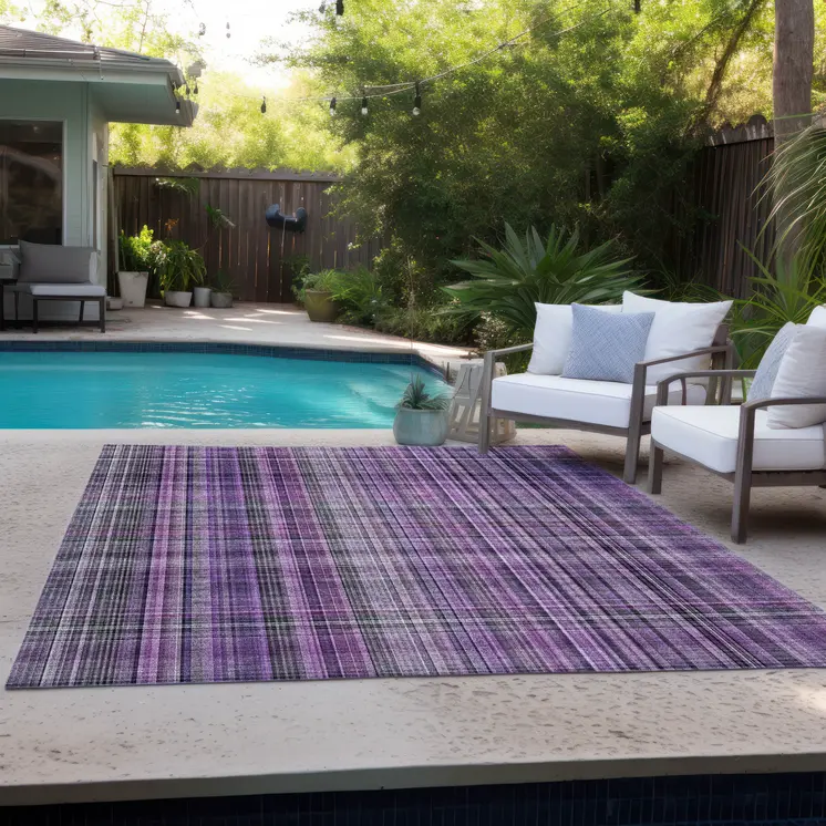 10' X 14' Purple and Gray Plaid Washable Non Skid Indoor Outdoor Area Rug