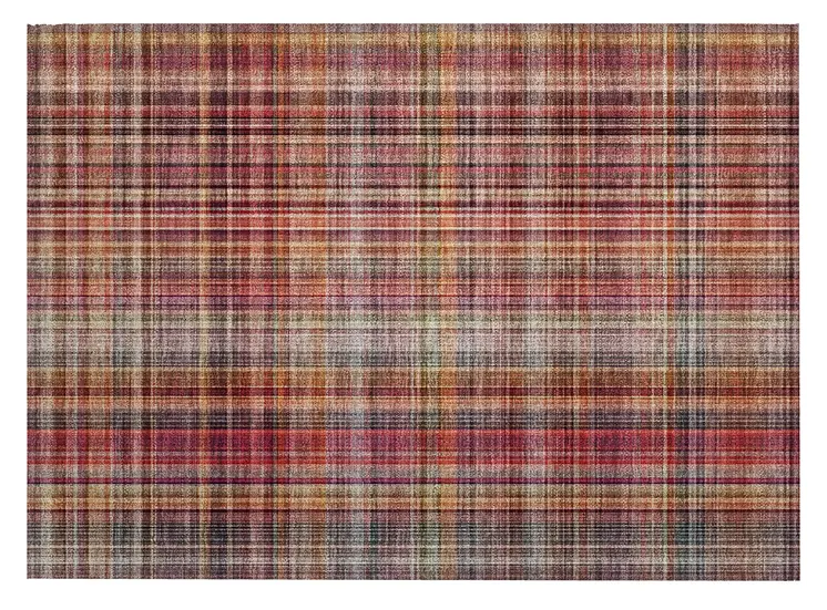 2' X 3' Red Orange and Brown Plaid Washable Non Skid Indoor Outdoor Area Rug