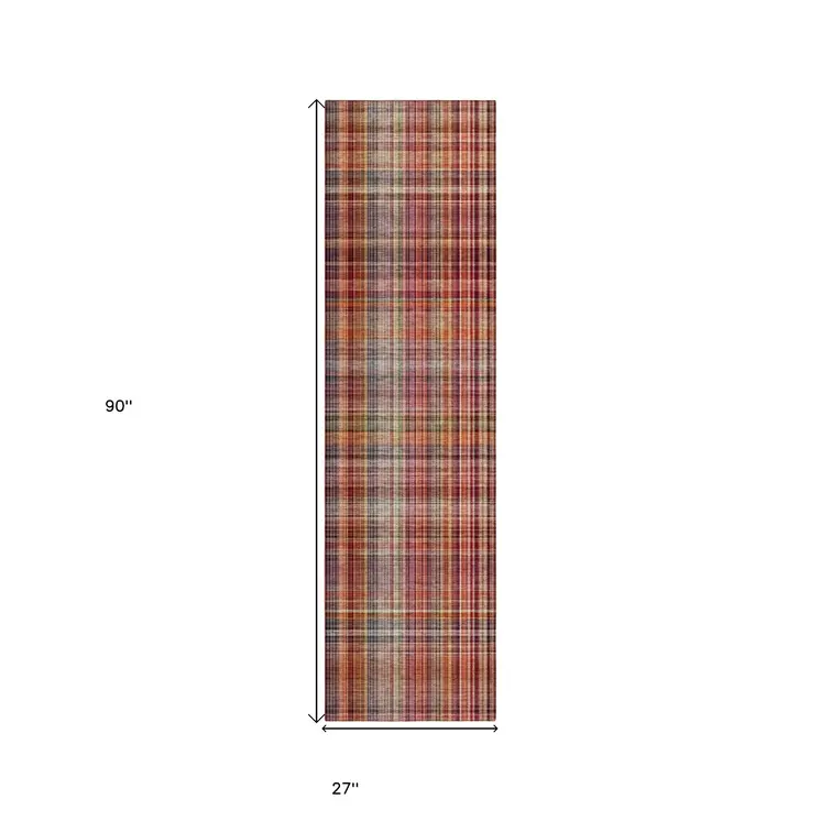 8' Runner Red Plaid Washable Non Skid Indoor Outdoor Runner Rug