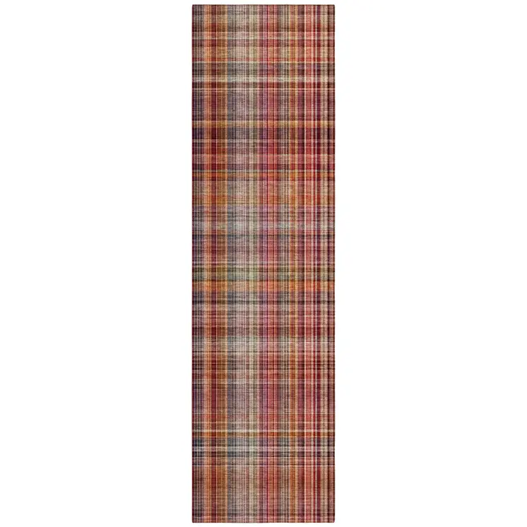 8' Runner Red Plaid Washable Non Skid Indoor Outdoor Runner Rug