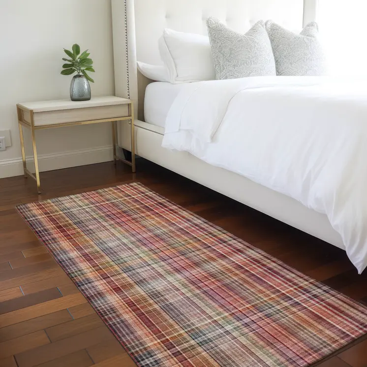 8' Runner Red Plaid Washable Non Skid Indoor Outdoor Runner Rug