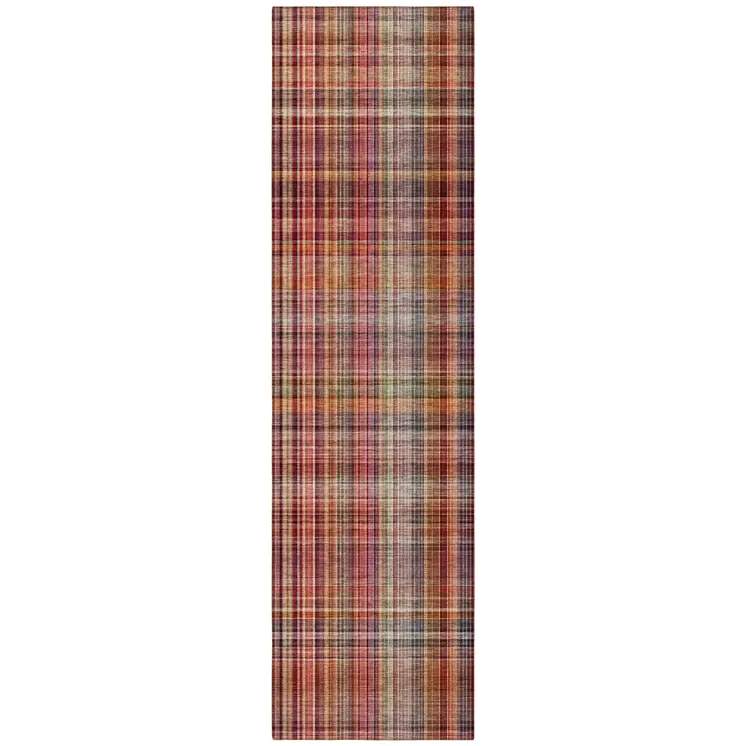 8' Runner Red Plaid Washable Non Skid Indoor Outdoor Runner Rug