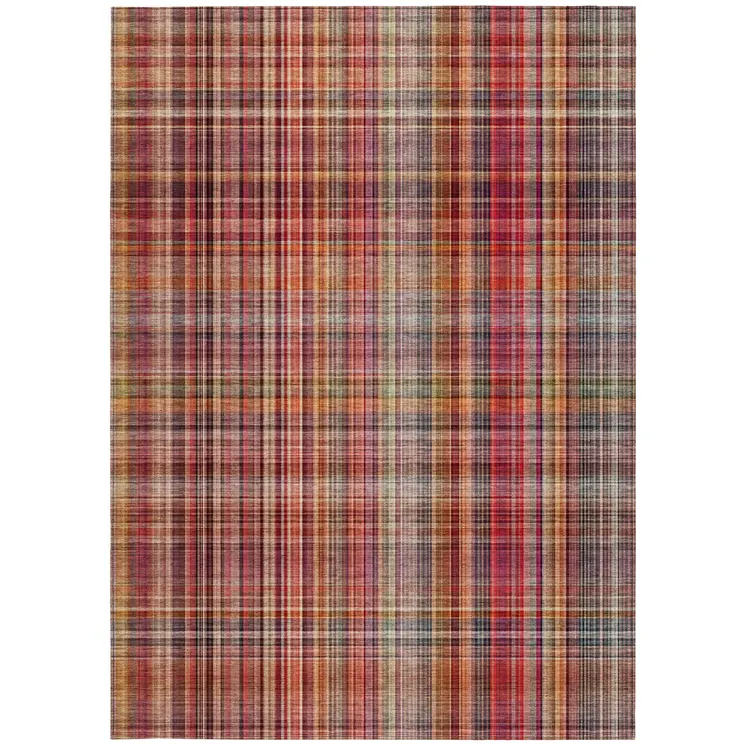 3' X 5' Red Orange and Brown Plaid Washable Non Skid Indoor Outdoor Area Rug