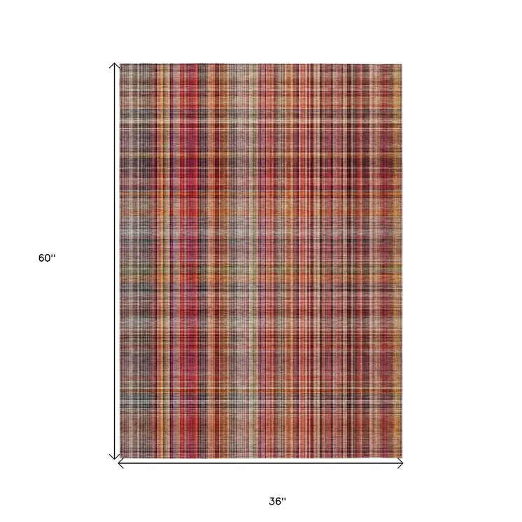 3' X 5' Red Orange and Brown Plaid Washable Non Skid Indoor Outdoor Area Rug