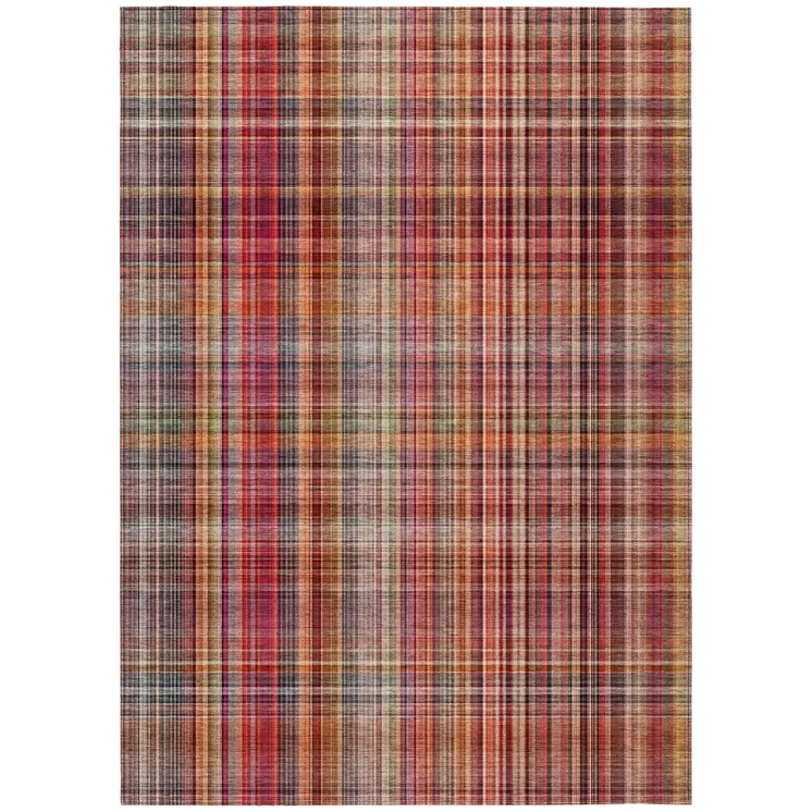 3' X 5' Red Orange and Brown Plaid Washable Non Skid Indoor Outdoor Area Rug
