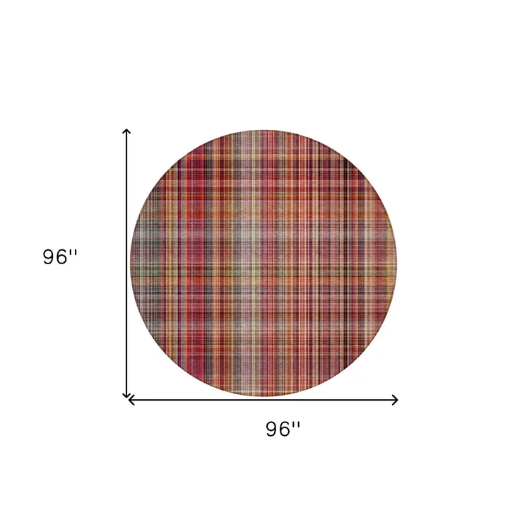 8' Round Red Round Plaid Washable Non Skid Indoor Outdoor Area Rug
