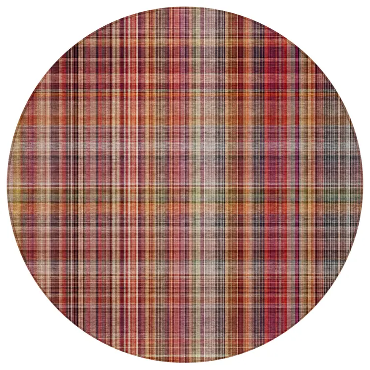 8' Round Red Round Plaid Washable Non Skid Indoor Outdoor Area Rug