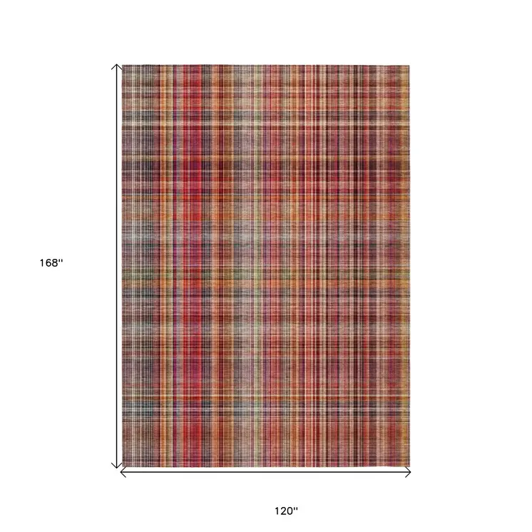 10' X 14' Red Orange and Brown Plaid Washable Non Skid Indoor Outdoor Area Rug