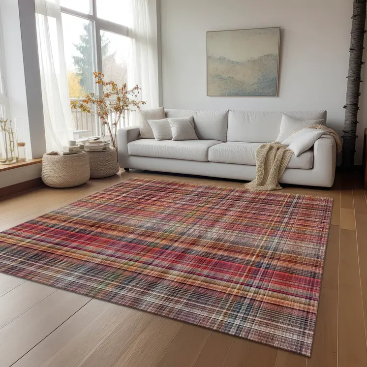 10' X 14' Red Orange and Brown Plaid Washable Non Skid Indoor Outdoor Area Rug