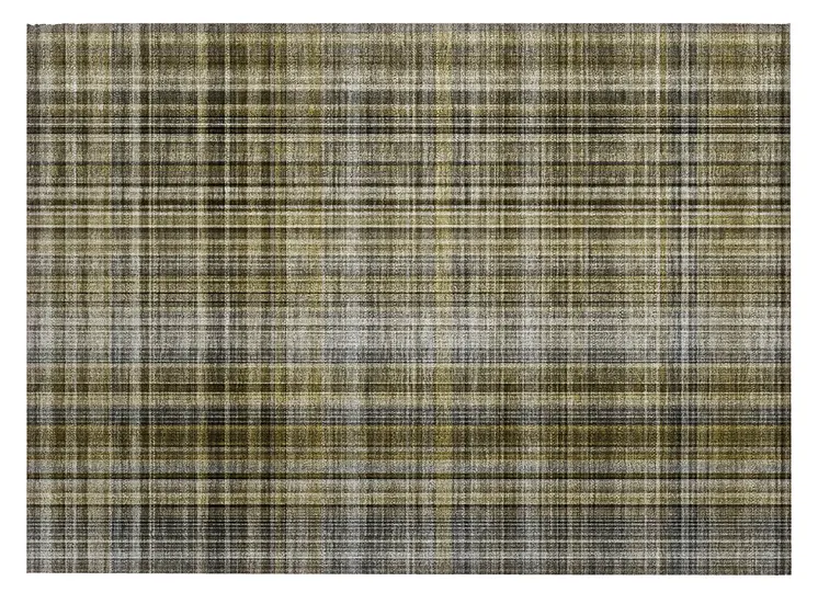 2' X 3' Green Beige and Gray Plaid Washable Non Skid Indoor Outdoor Area Rug