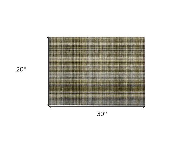 2' X 3' Green Beige and Gray Plaid Washable Non Skid Indoor Outdoor Area Rug