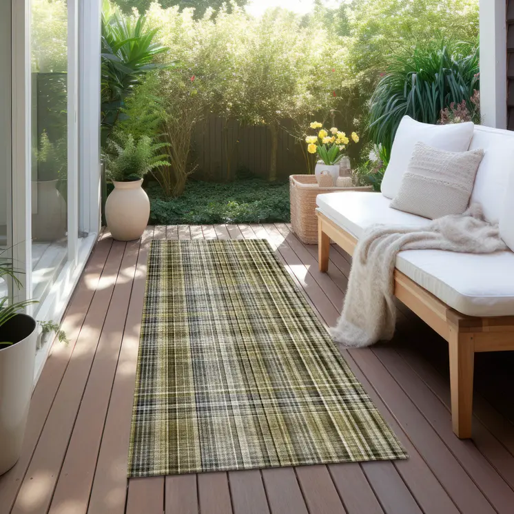 2' X 8' Green Beige and Gray Plaid Washable Non Skid Indoor Outdoor Area Rug