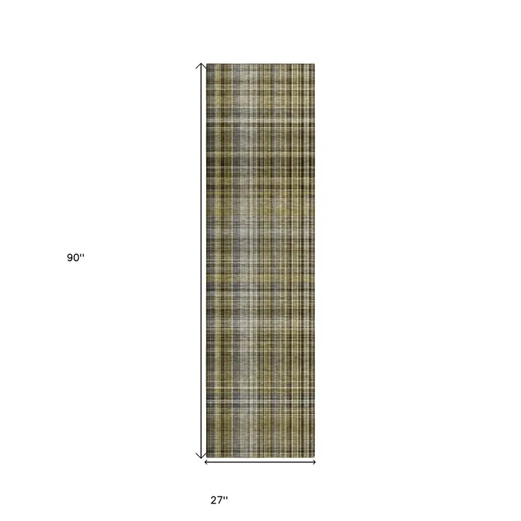 2' X 8' Green Beige and Gray Plaid Washable Non Skid Indoor Outdoor Area Rug