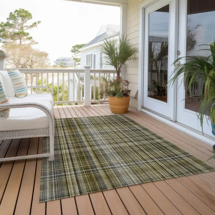 5' X 8' Green Beige and Gray Plaid Washable Non Skid Indoor Outdoor Area Rug