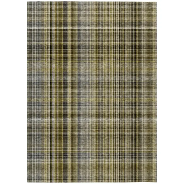 5' X 8' Green Beige and Gray Plaid Washable Non Skid Indoor Outdoor Area Rug