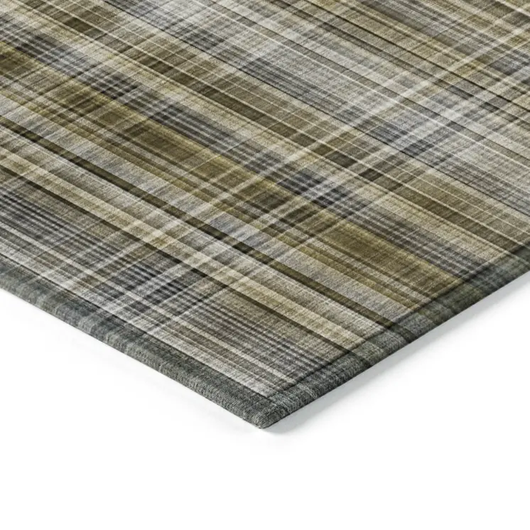 5' X 8' Green Beige and Gray Plaid Washable Non Skid Indoor Outdoor Area Rug