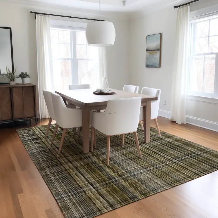 5' X 8' Green Beige and Gray Plaid Washable Non Skid Indoor Outdoor Area Rug