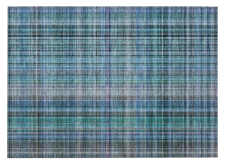 2' X 3' Blue Teal and Gray Plaid Washable Non Skid Indoor Outdoor Area Rug