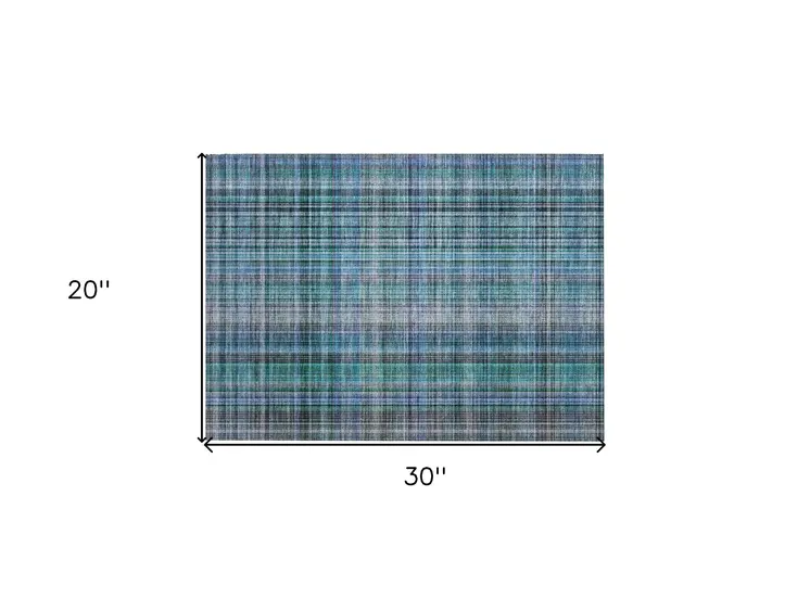 2' X 3' Blue Teal and Gray Plaid Washable Non Skid Indoor Outdoor Area Rug