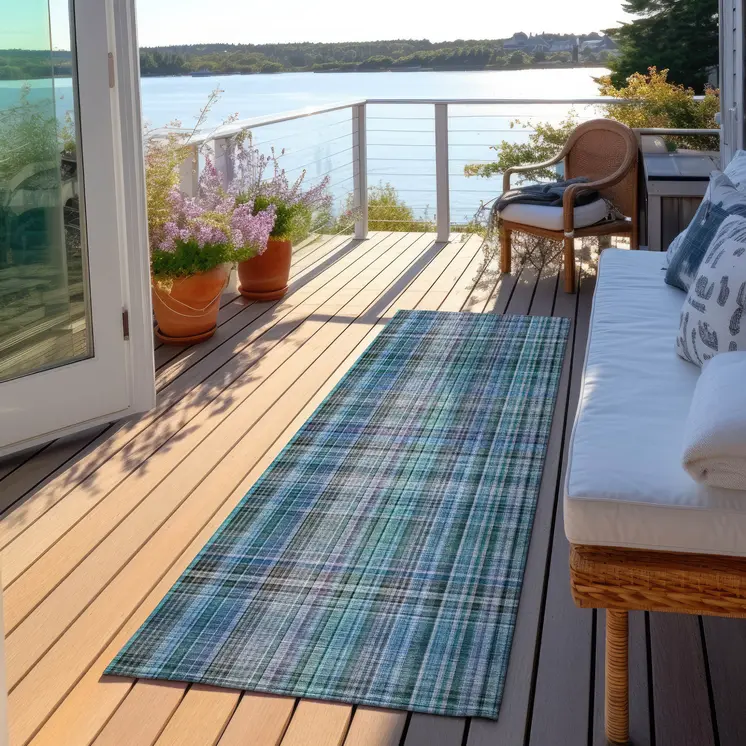 2' X 8' Blue Teal and Gray Plaid Washable Non Skid Indoor Outdoor Area Rug