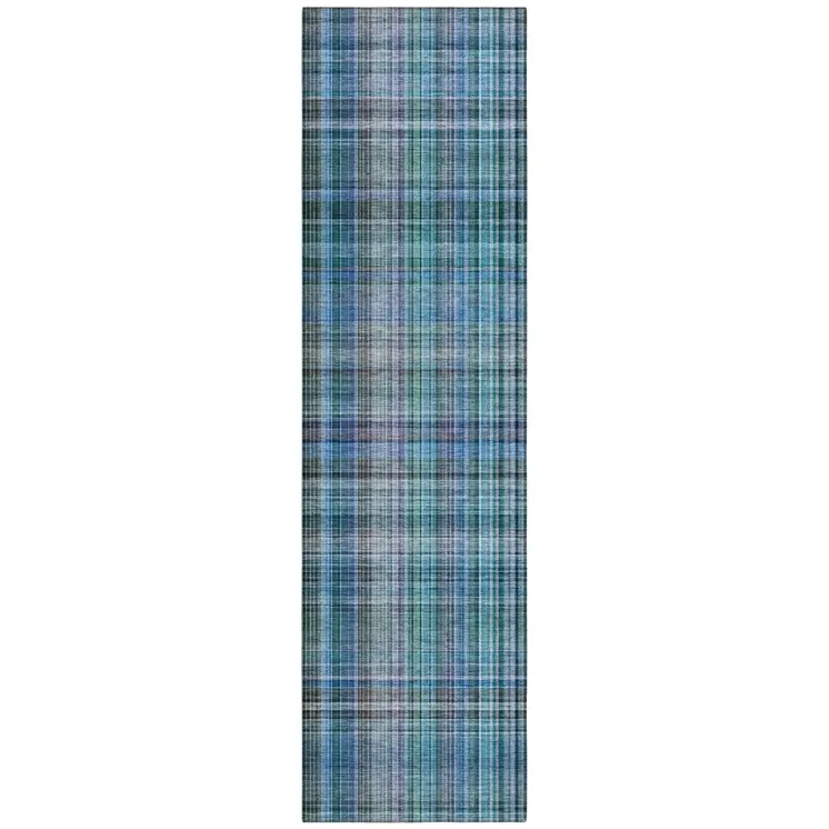 2' X 8' Blue Teal and Gray Plaid Washable Non Skid Indoor Outdoor Area Rug